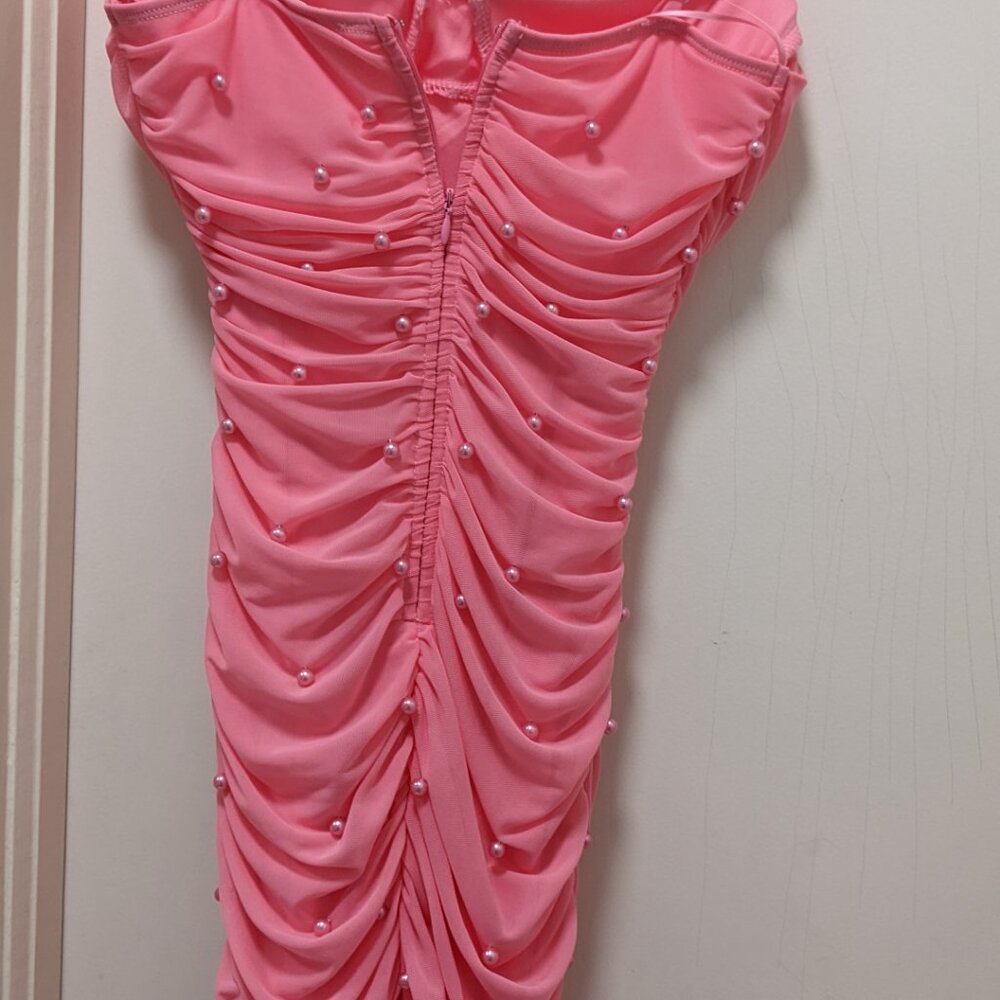 Noel Pearl Mesh Ruched Mini Dress - Pink - Picture 5 of 6